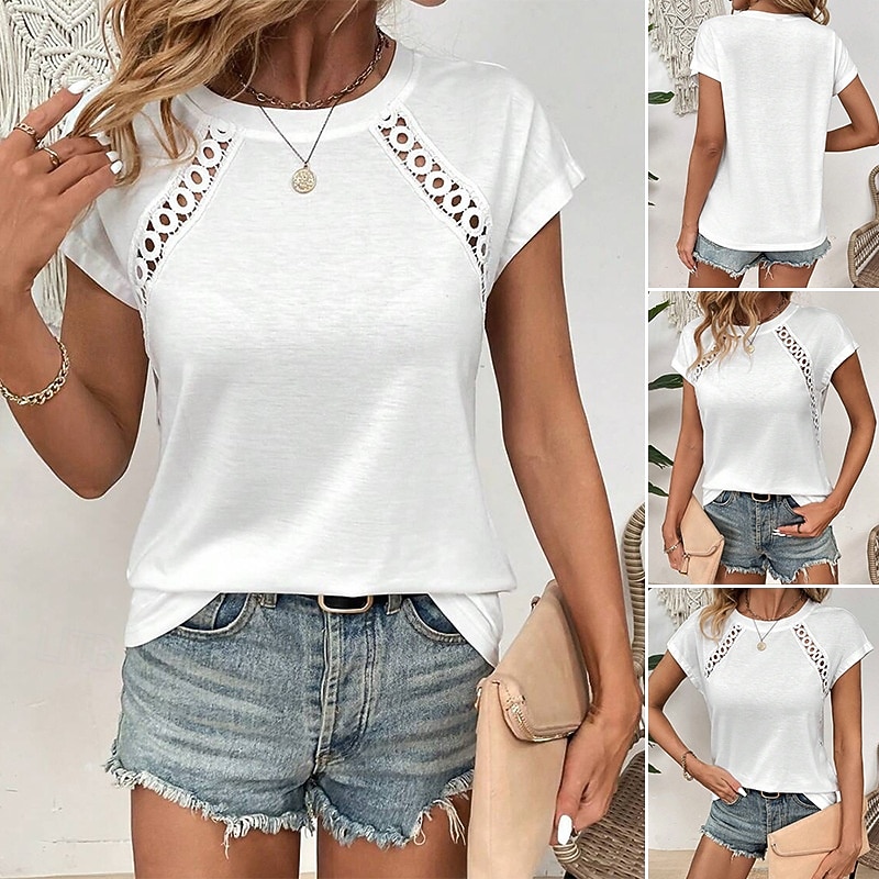 Women's Eyelet Top Pointelle Tee Lace T-shirt Graphic Plain Vintage Stylish Short Sleeve Crew Neck Regular Tops Casual Daily Weekend White Summer Spring 2026 - $21.99 –P1
