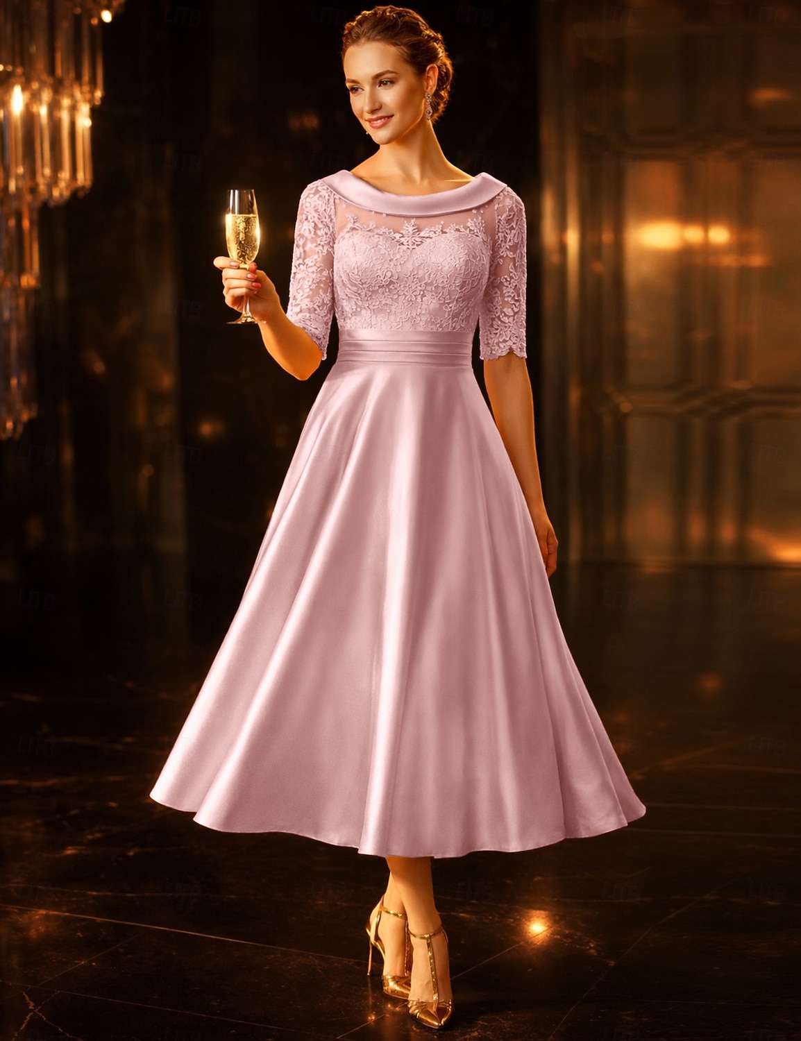 A-الخط طول الساق فستان الحفلة فستان كوكتيل فستان زفاف ضيف فستان أم العروس نصف كم رقبة سكوب أنيق عتيق ضيف حفل زفاف ساتان دانتيل مع روش زينة 2026 - $109.99 –P8