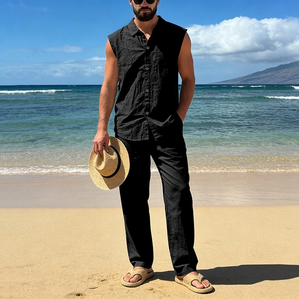 Male Linen Shirt 2 Piece Shirt Set And Linen Pants Trousers Casual Pants Set Plain Daily Outdoor Vacation Turndown Sleeveless Summer Fashion Casual Comfortable Clothing Apparel 2026 - $36.99 –P7