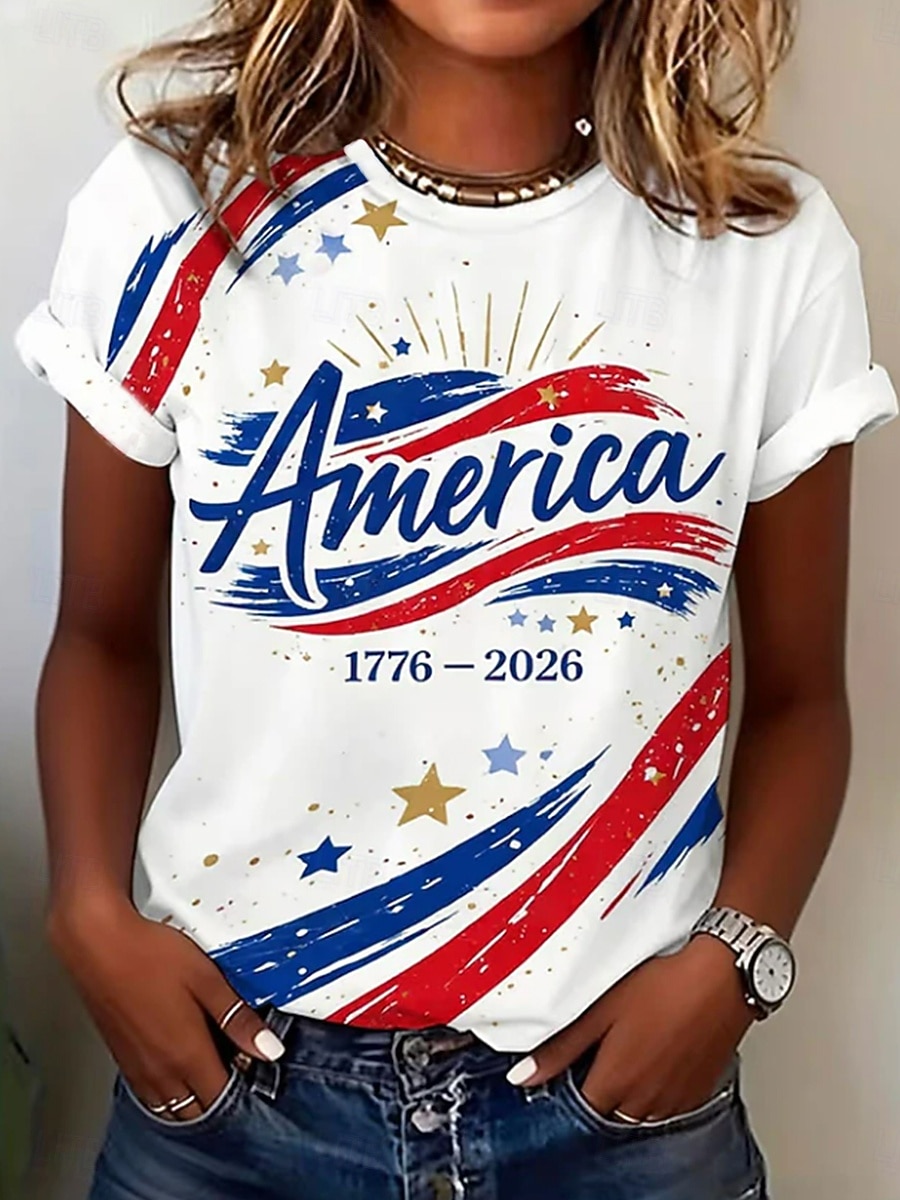 American Independence Day Women's T Shirt Color Block Print Graphic American Flag Fashion Stylish Classic Short Sleeve Crew Neck Regular Tops Casual Daily Blue White Red Summer Spring 2026 - $21.99 –P3