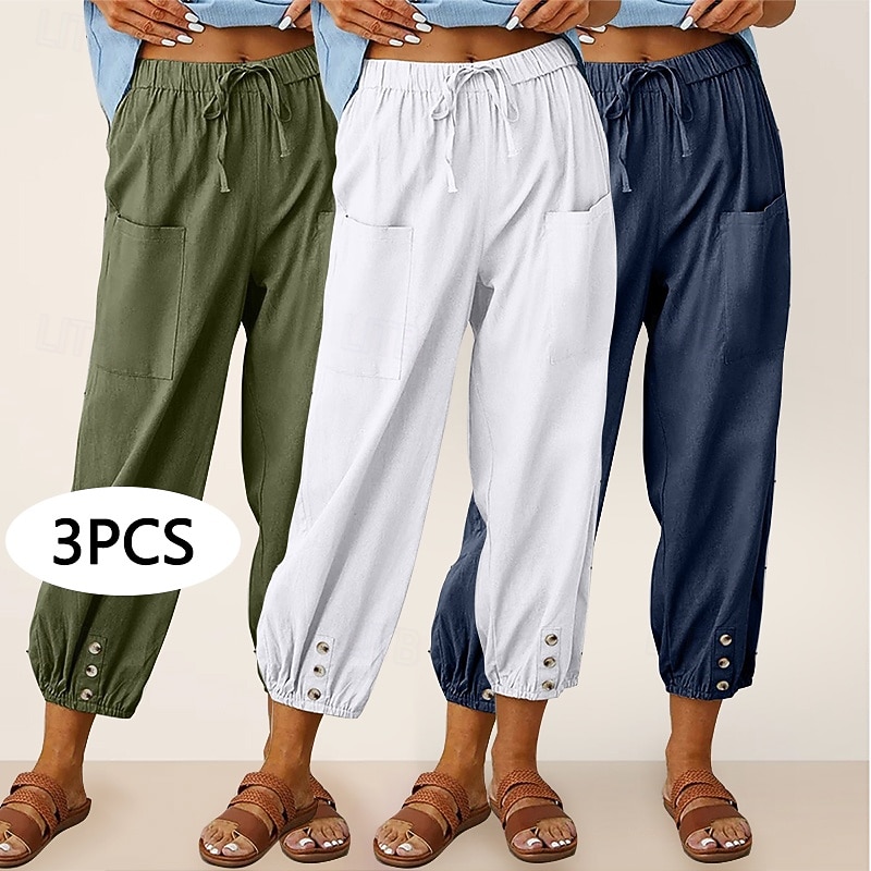 Conjunto com 3 calças capri femininas de algodão, ideais para o verão, casuais, básicas, cintura alta, lisas, com bolsos, cintura elástica, confortáveis, respiráveis, sem elasticidade, para uso diário, em casa e nas férias, nas cores azul, azul marinho e  de 2026 por $47.99 –P1