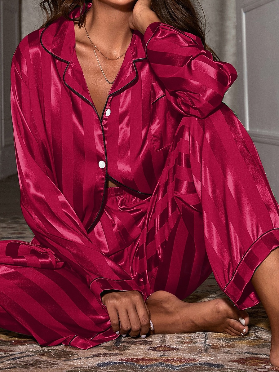 Women's Loungewear Pajama Set Fashion Simple Casual Pure Color Satin Silky Pajamas Pyjamas Elastic Waist Buttons Pant Home Vacation Long Sleeve Shirt Collar Black White Red Green Spring Fall Regular 2026 - $27.99 –P3