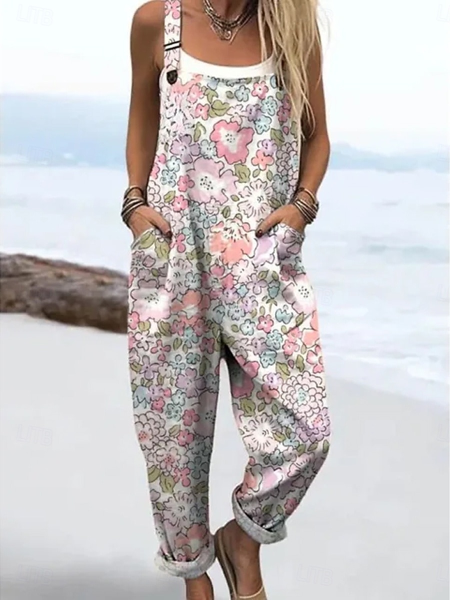 Women's Overall Active Floral Sleeveless Sleeveless Square Neck Pocket Print Daily Beach Loose Fit White Pink Beige Summer 2026 - $45.99 –P2