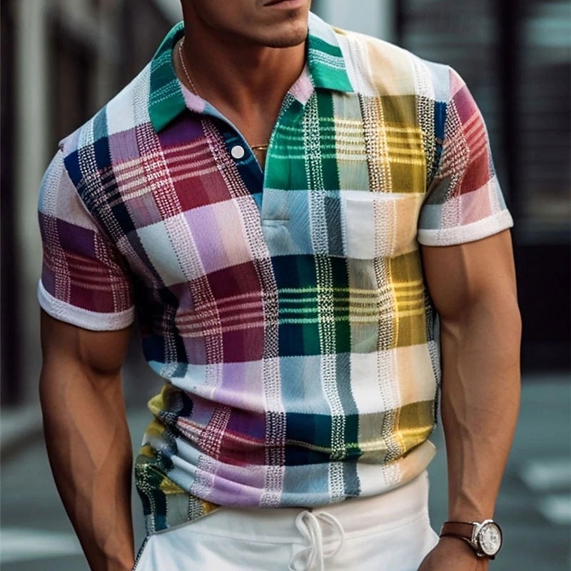 Men's Plaid Polo Shirts Golf Shirt Short Sleeve Polo Shirts Collared Shirts Casual Vacation Wear Formal Wear Festival Wear Buttons 3D Print Yellow Red Green 2026 - $23.99 –P6