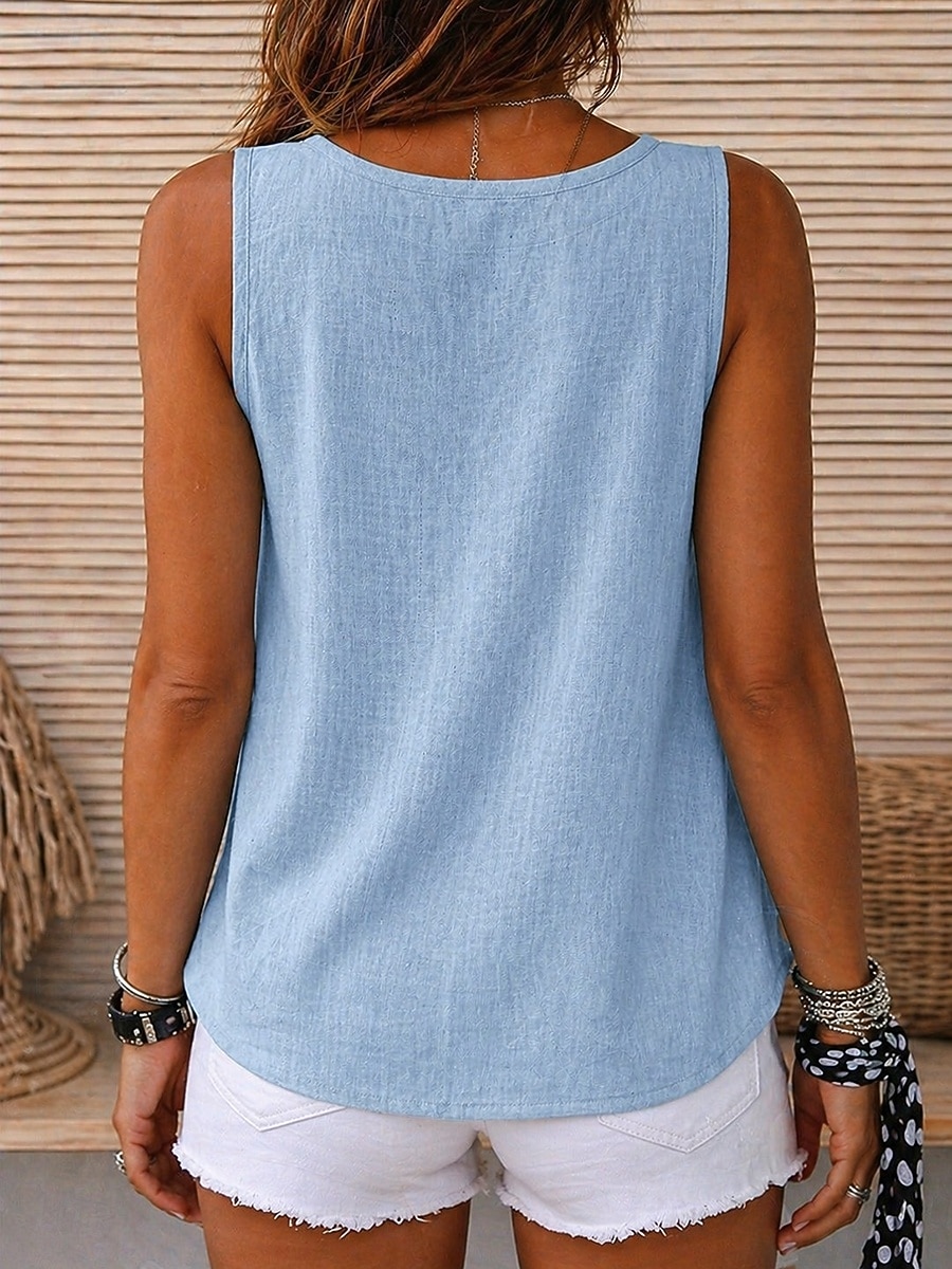 Mujer Camiseta sin mangas Plano Vintage Sin Mangas Escote Redondo Tops regulares Casual Rojo óxido Negro Blanco Amarillo Azul cielo Verano Primavera 2026 - $14.49 –P13