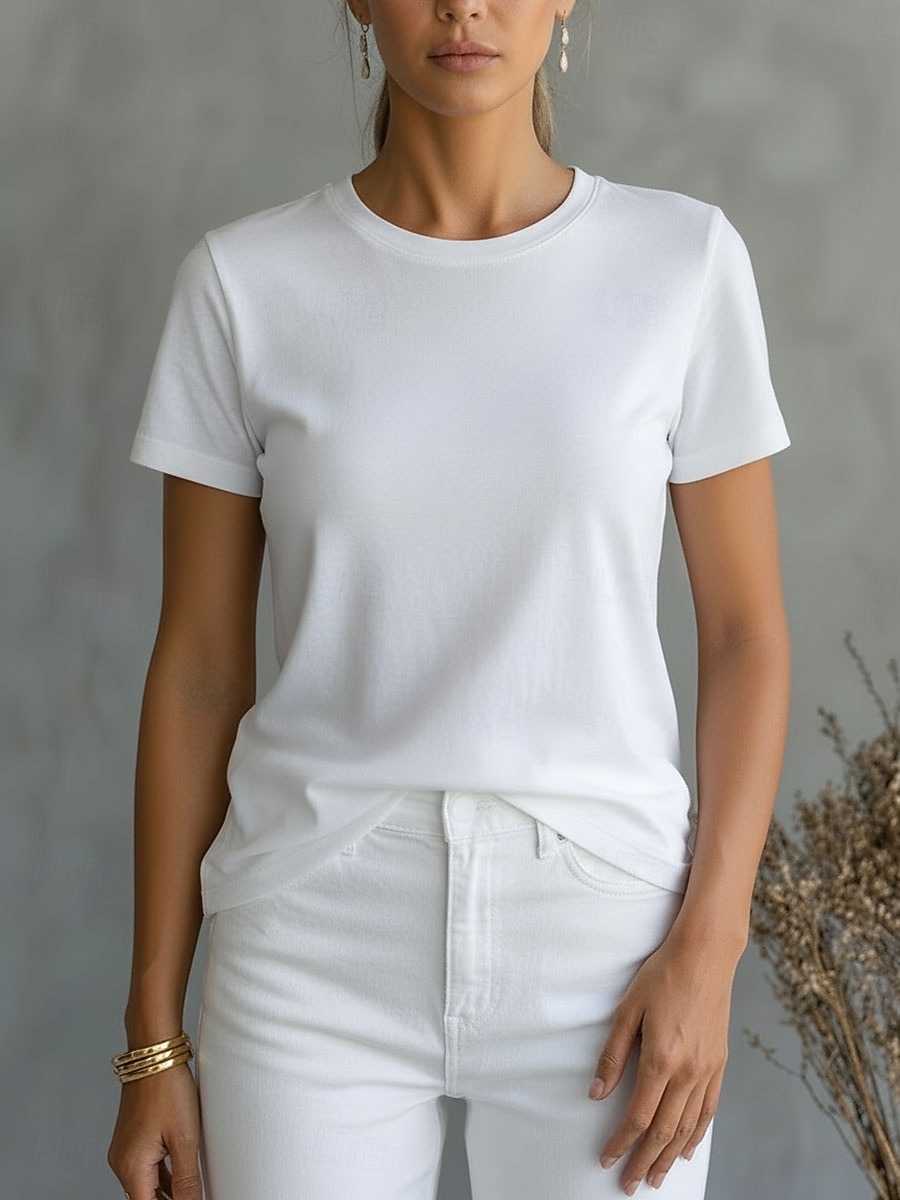 Mulheres Camiseta Camisa de algodão T-shirt Côr Sólida Moda à moda Básico Manga Curta Gola Redonda Decote Redondo Tops regulares Casual Diário Para Noite Branco Rosa Vermelho Laranja Verão Primavera de 2026 por $19.99 –P4