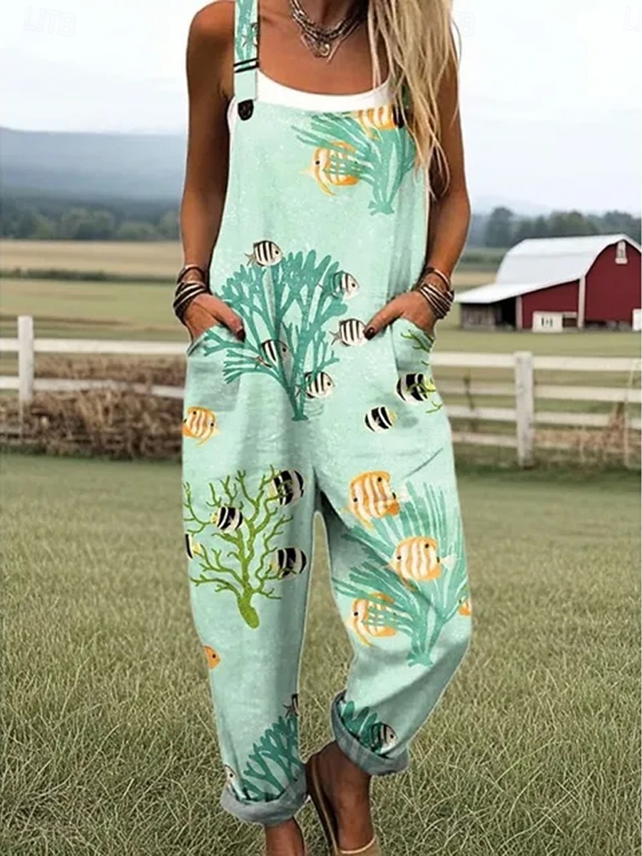 Women's Overall Active Floral Sleeveless Sleeveless Square Neck Patchwork Pocket Daily Beach Loose Fit Pink Red Green Summer 2026 - $45.99 –P2
