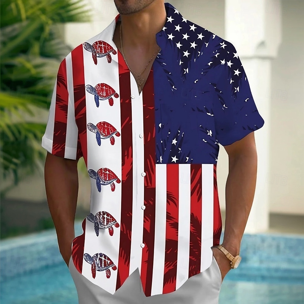 Men's 4th of July U.S. 250th Anniversary American Flag Sea Turtle Shirt Summer Shirt Button Up Shirt Short Sleeve Patriotic Outdoor Holiday Summer Spring Turndown 3D Print Collared Shirts Front One 2026 - $25.99 –P3
