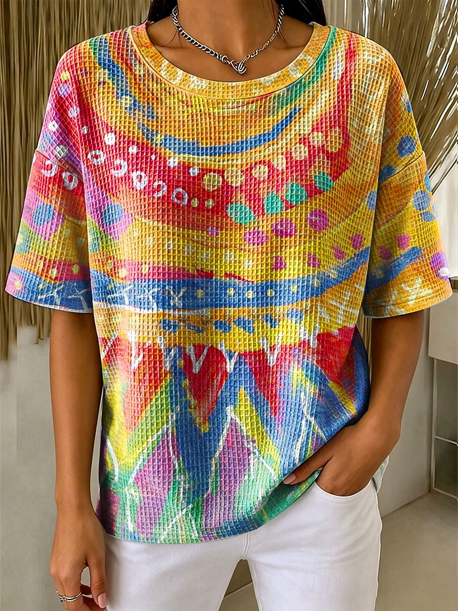 Per donna Maglietta Waffle Top a maglia con texture A strisce Floreale Grafico Geometrico Elegante Classico Manica Corta Girocollo Top Regolari Casuale Quotidiano Blu Giallo Verde Cachi Estate del 2026 a $21.99 –P5