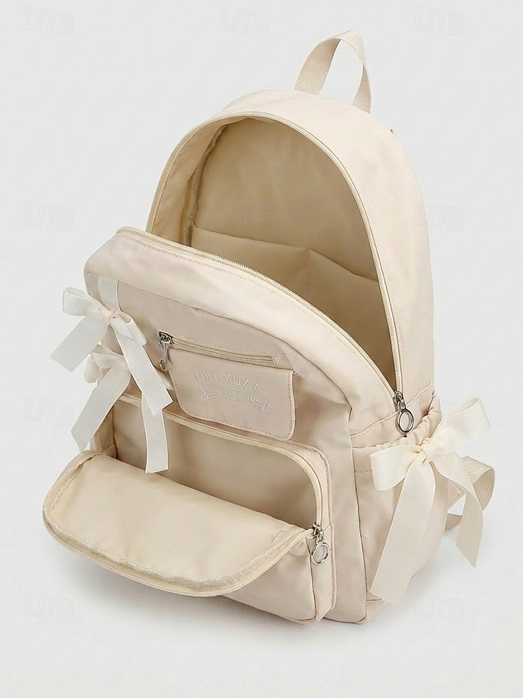 Mochila feminina de poliéster com laço decorativo, várias cores, grande capacidade com vários bolsos, alças ajustáveis, perfeita para o ensino fundamental. &volta às aulas no ensino fundamental, de 2026 por $24.99 –P5