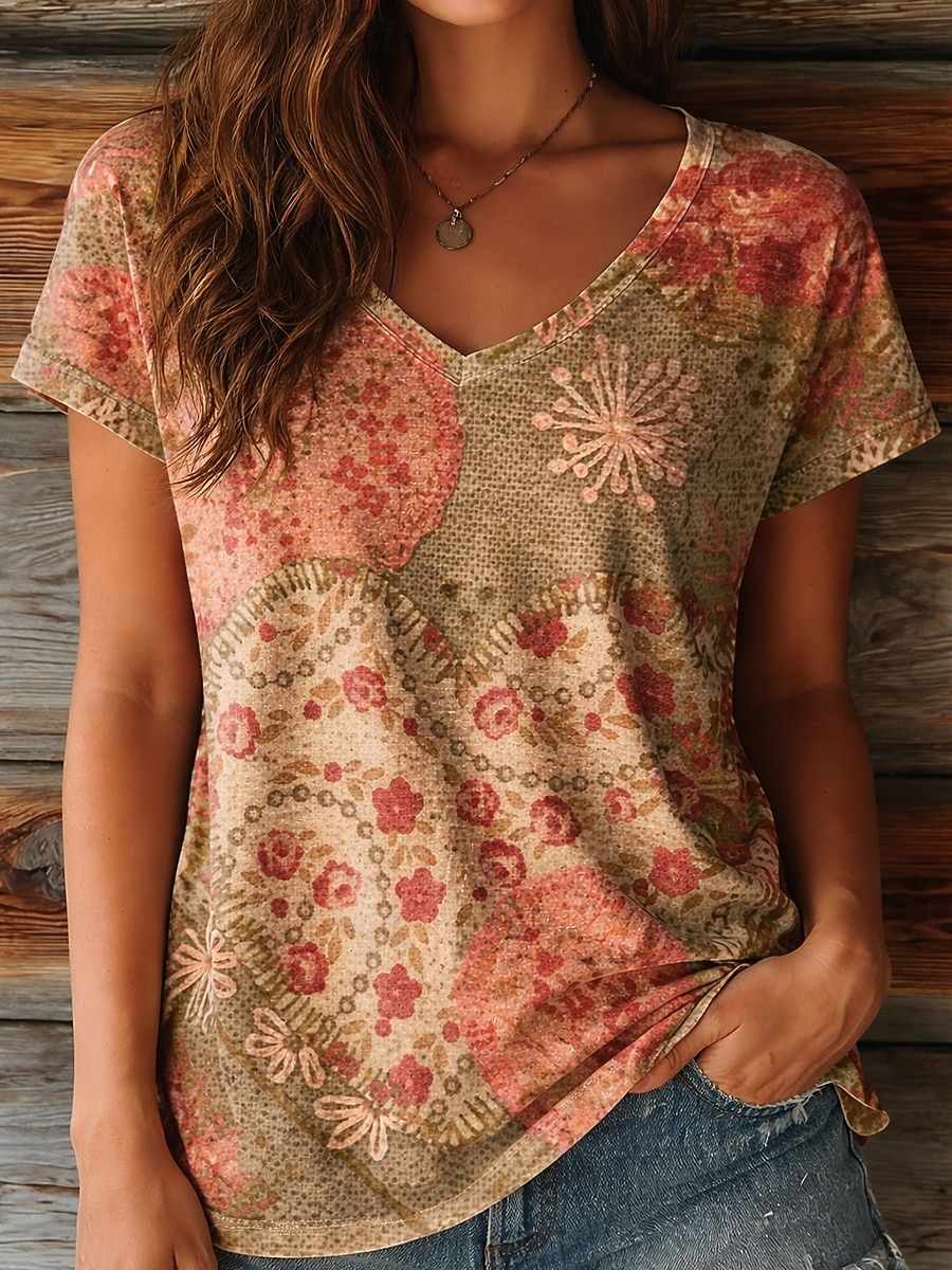 Women's T Shirt Print Floral Graphic Plants Stylish Casual Short Sleeve V Neck Regular Tops Casual Daily Pink Purple Summer Spring 2026 - $22.99 –P1