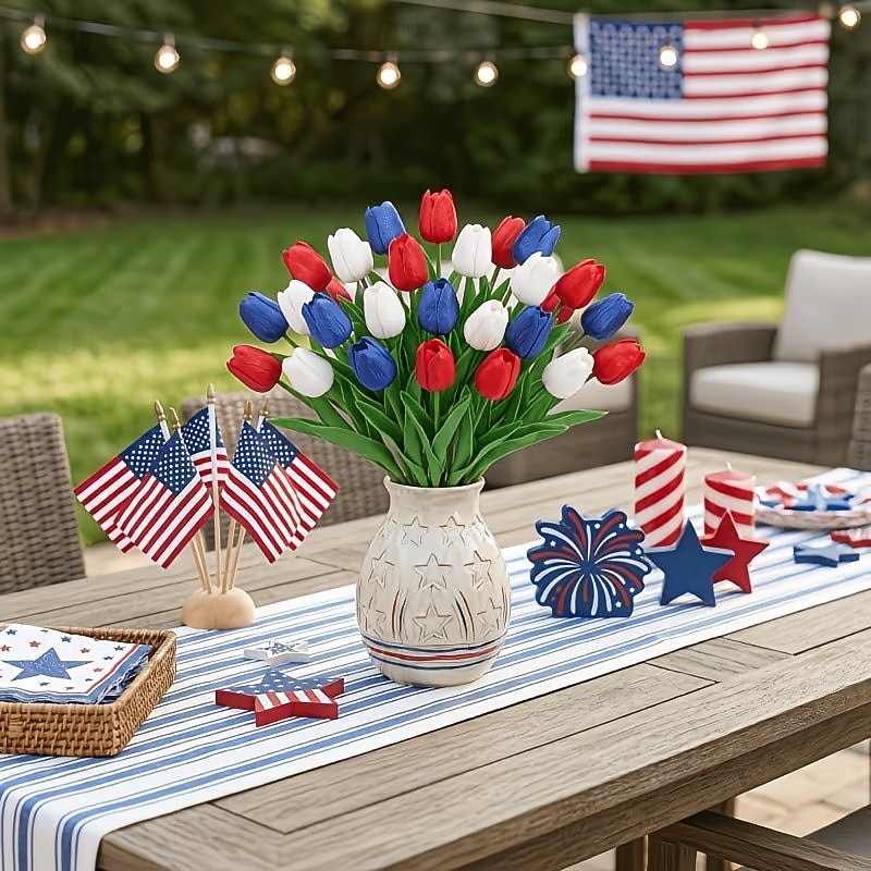 Conjunto de 20 tulipas artificiais vermelhas, brancas e azuis com toque realista, flores patrióticas de imitação adequadas para decorações do Dia da Independência (4 de julho), decoração de casa e de 2026 por $22.99 –P5