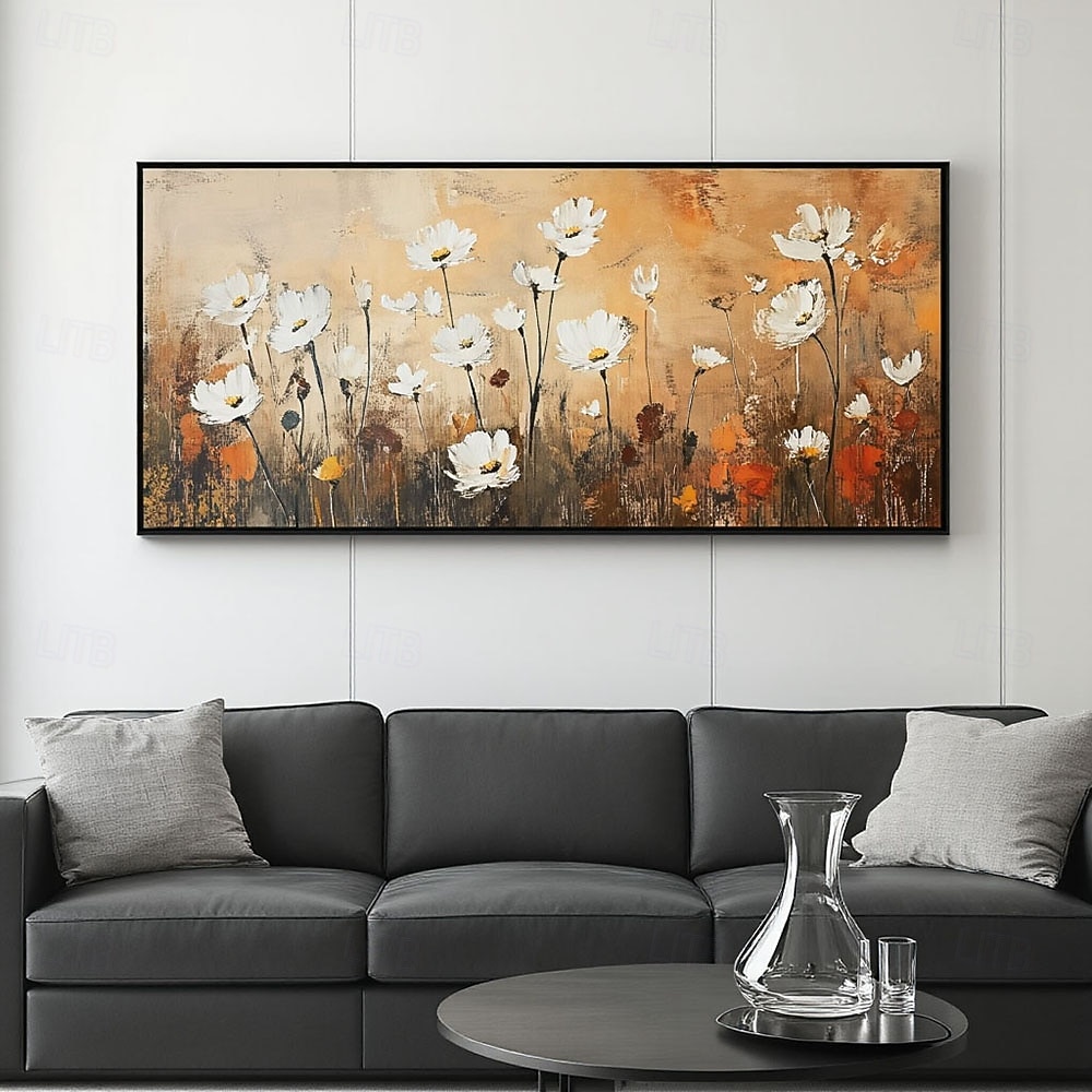 Handmade Painting on Canvas Wall Art Orange and White Flower Landscape ...