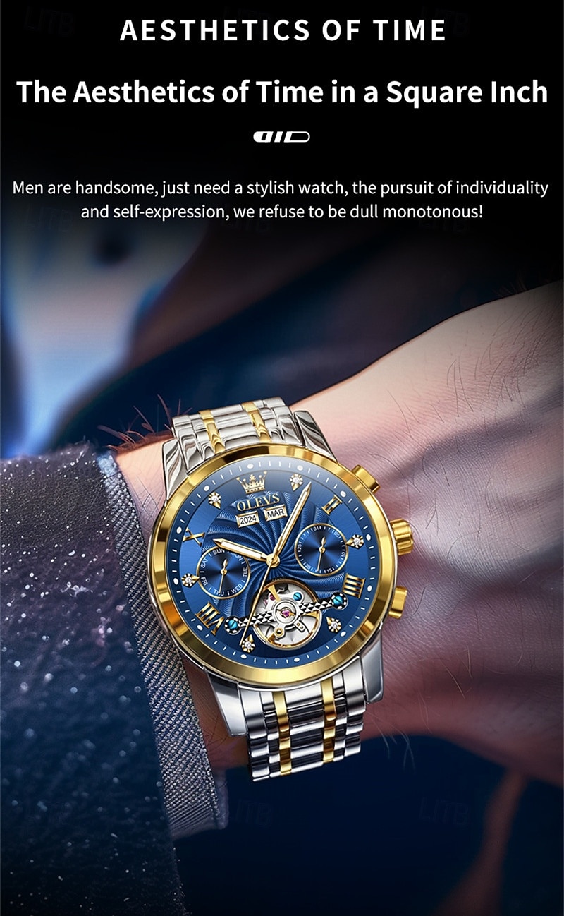 Orologio automatico da uomo Olevs Skeleton, lussuoso orologio da polso da lavoro bicolore in acciaio inossidabile con calendario multifunzione, orologio meccanico analogico luminescente impermeabile, del 2026 a $109.99 –P18
