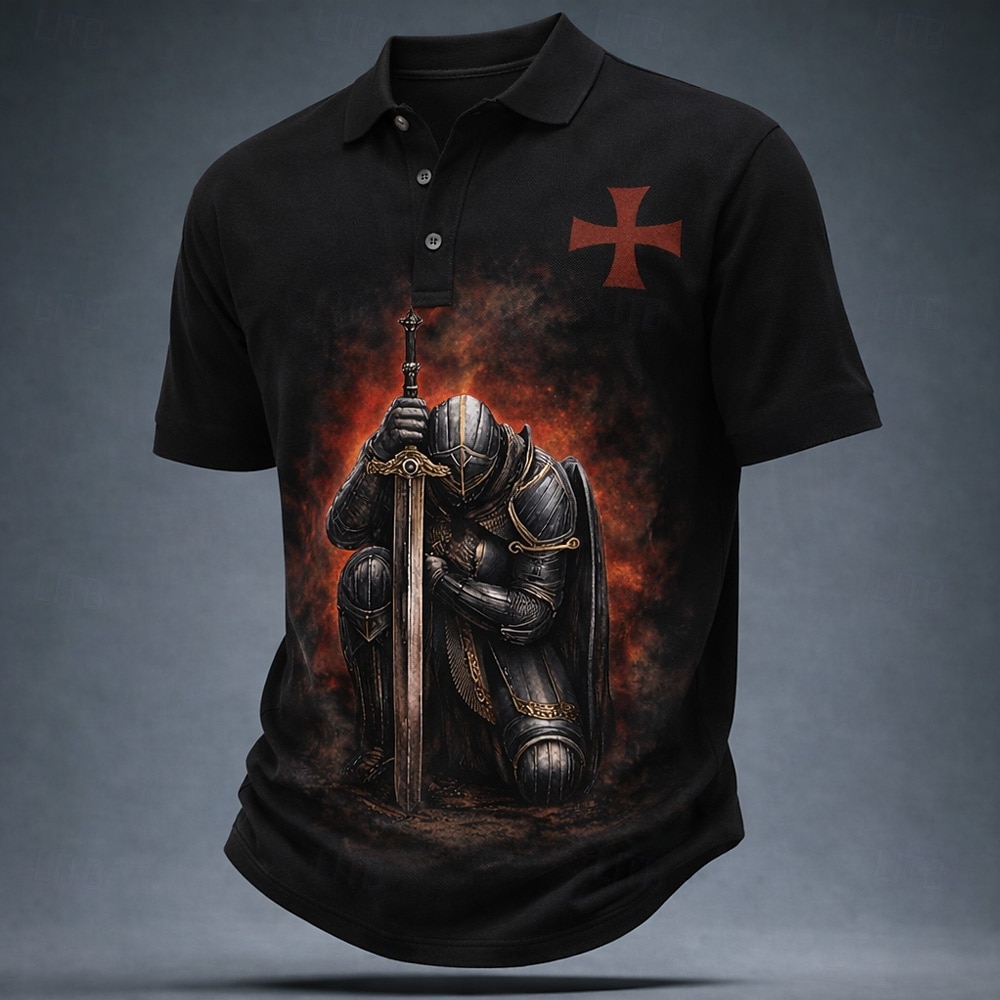 Hombre Caballeros templarios Camisetas polo Manga Corta Camisas de polo Diseño Vintage Casual Calle Ropa Deportiva Ropa Cotidiana Impresión 3D Botones Malla Transpirable Verano Primavera Negro Blanco 2026 - $21.99 –P1