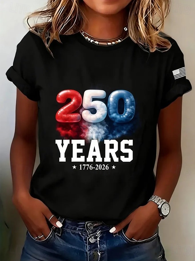 Amerykański Dzień Niepodległości Damskie Podkoszulek Nadruk Graficzny Flaga Ameryki Zabytkowe Elegancki Klasyczny Krótki rękaw Półgolf Zwykłe topy Codzienny Weekend Czarny Lato Wiosna 2026 - $21.99 –P1