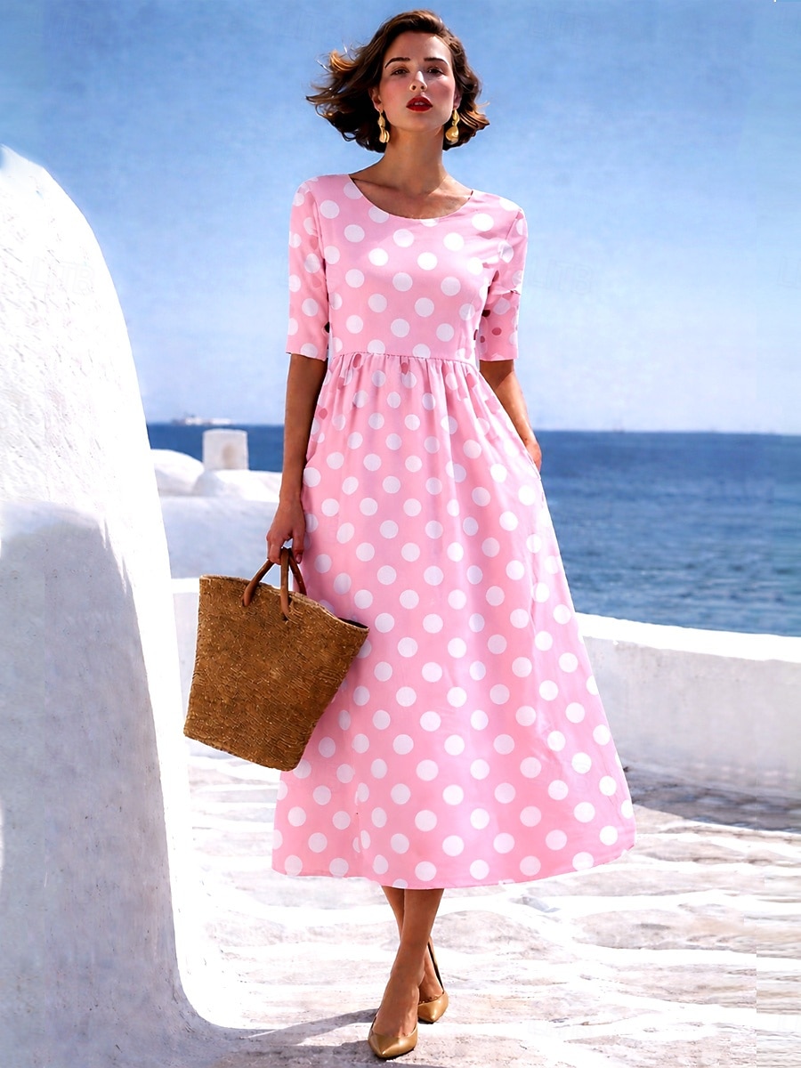 Per donna Abito Midi Abito a trapezio Casual Quotidiano Vestibilità regolare A Pois Mezza Manica Girocollo Giallo Rosa Azzurro cielo Estate Primavera del 2026 a $29.99 –P5
