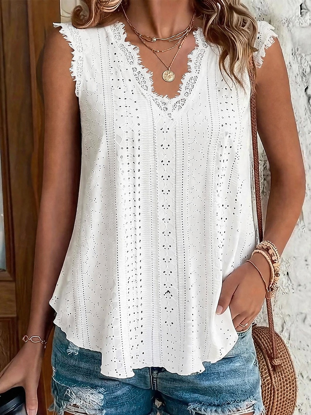 Mujer Parte superior con ojales Camiseta de punto Con Texturas Graphic Plantas Elegante Sensual Clásico Sin Mangas Escote en Pico Tops regulares Casual Diario Playa Blanco Amarillo Rosa Rosa 2026 - $24.99 –P1