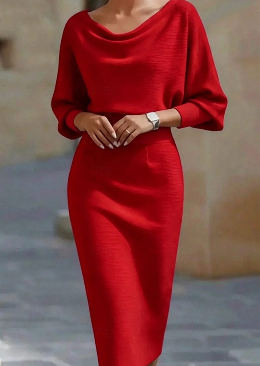 Femmes Robe Midi Robe moulante Robes semi-formelles Bureau Coupe régulière Uni Manche 3/4 Col Bateau Bleu Noir Blanche Rouge Été Printemps Automne de 2026 ? $39.99 –P5