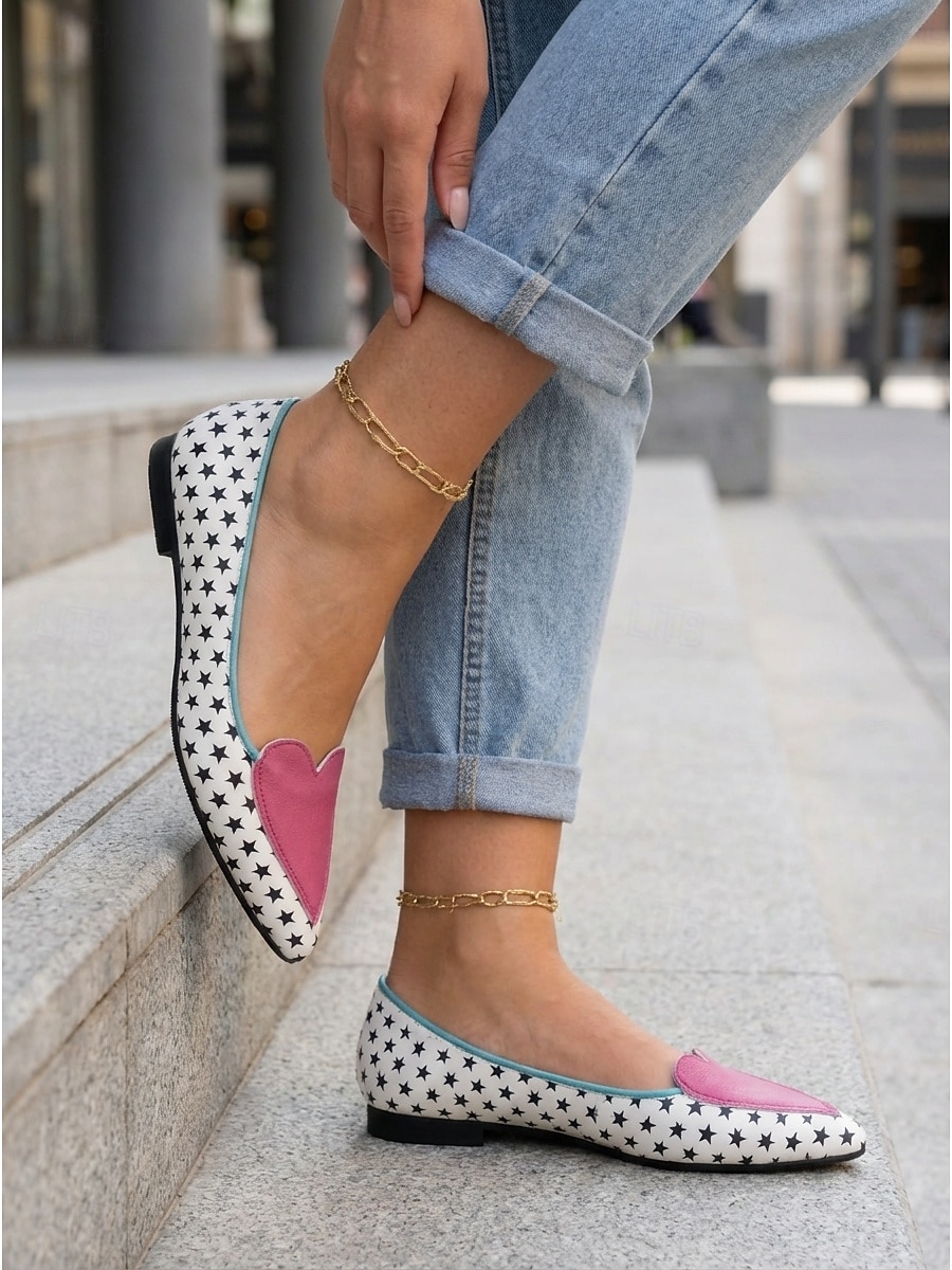 Women's Star Print Loafers with Pink Heart Accent – Cute & Comfortable Daily Flats for Casual Wear 2026 - $46.99 –P1