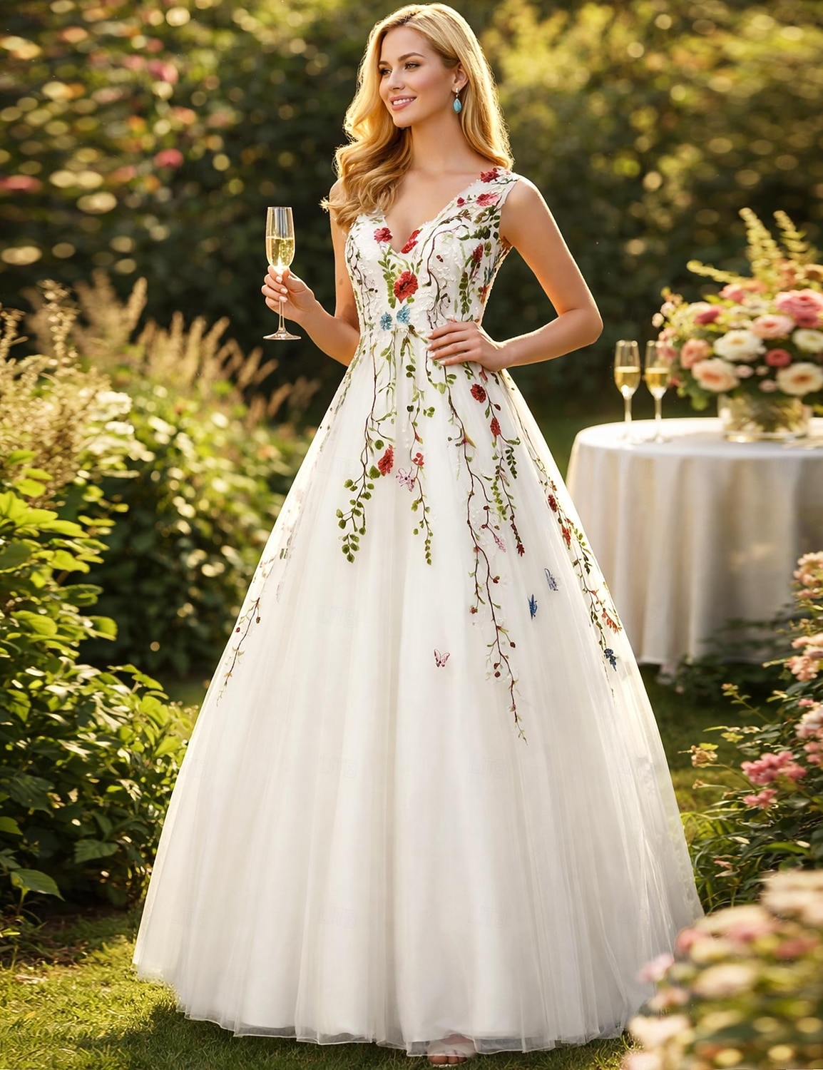 A-Line Floor Length Prom Dresses Floral White Sleeveless V Neck Valentine's Day Wedding Guest Lace Tulle with Embroidery Appliques 2026 - $109.99 –P3