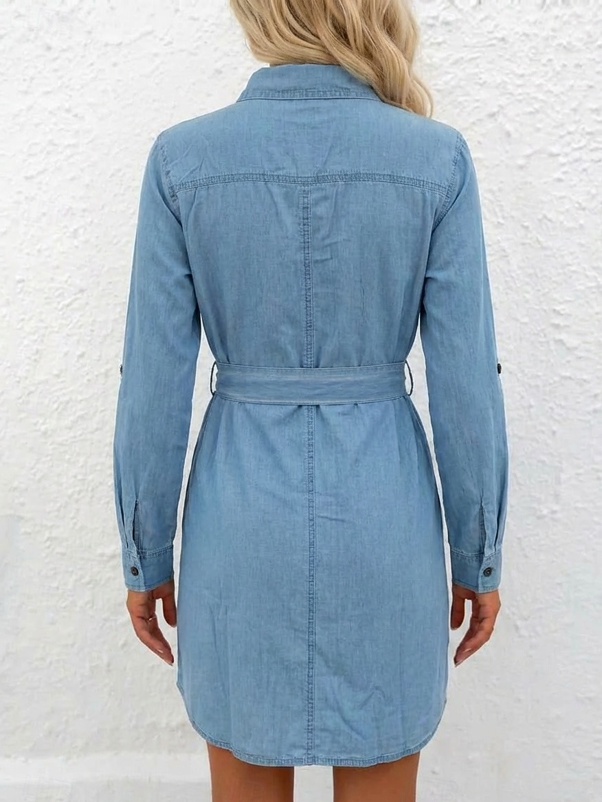 Dame Knelang kjole Denimkjoler Uformell kjole Kjole med A-linje Mote Grunnleggende Daglig utendørs Feriereise Normal عادي Langermet Skjortekrage Lyseblå Sommer Vår 2026 - $41.99 –P2