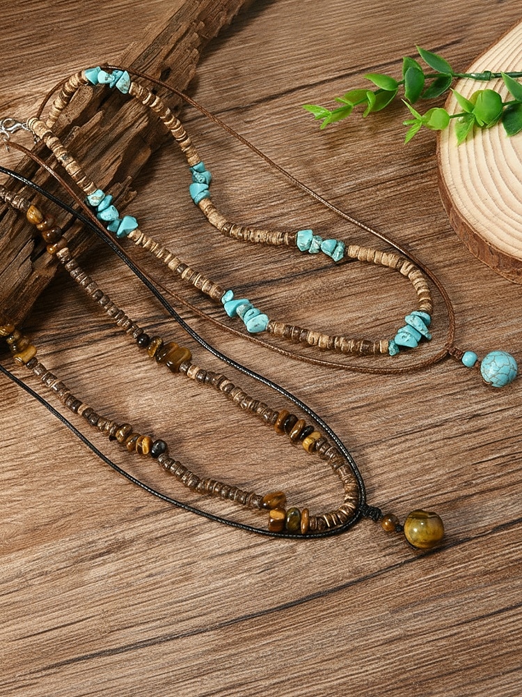 Ανδρικό κολιέ μποέμ με κέλυφος καρύδας και τυρκουάζ, μπλε και καφέ κολιέ με χάντρες σε στρώσεις για διακοπές στην παραλία, ρούχα σε θέρετρα, casual καλοκαιρινά ρούχα και καθημερινή χρήση 2026 - $4.99 –P3