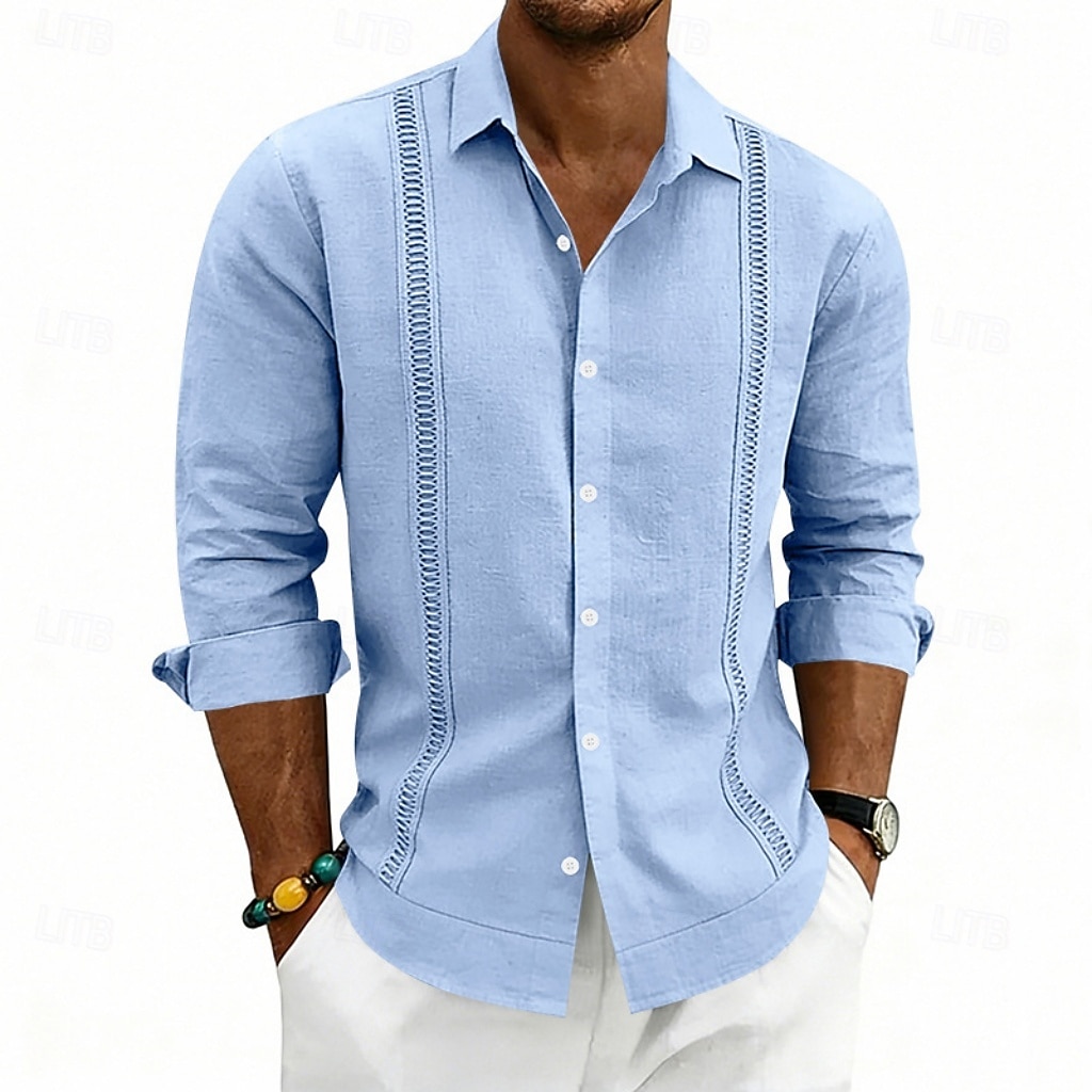 Herren Hemd Leinenhemd Sommerhemd Strandhemd Einfach Lässig Urlaub Schwarz Weiß Marineblau Khaki Langarm Umlegekragen Sommer Frühling Bekleidung Patchwork 2026 - $25.99 –P1