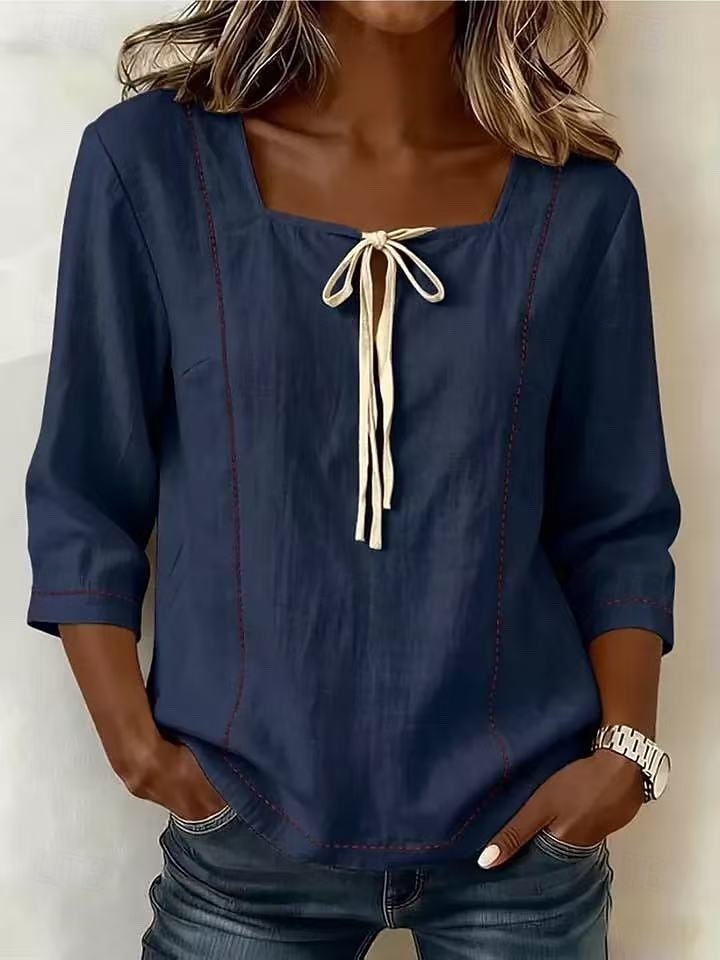 Damen Hemd Bluse Einfach Gestreift Stilvoll Klassisch Modern Dreiviertelarm Quadrathals Lange Oberteile Lässig Täglich Strand Weiß Gelb Marineblau Himmelblau Aprikose Sommer Frühling 2026 - $12.99 –P9