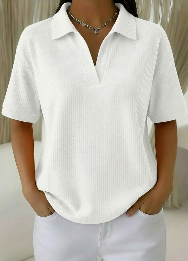 Női 100% pamut oversized bordázott kötött felsők póló Tee ejtett vállú stílusos alkalmi rövid ujjú V nyakú inggallér normál felsők napi szórakozás nyaralás viselet kék fehér narancs zöld világoskék 2026 - $26.99 –P4