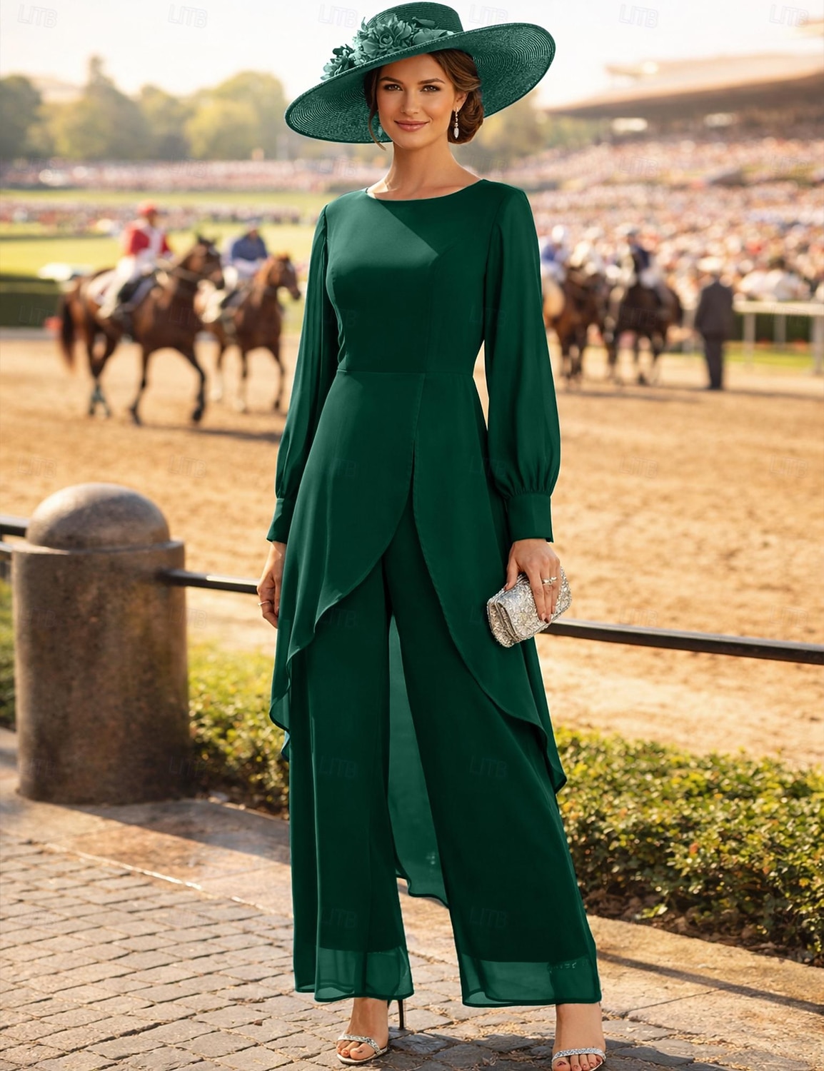 Buksedrakt Asymmetrisk Kjole til brudens mor Langermet Crew-hals Elegant Formell Bryllupsgjest Formell kveld Chiffon med Ensfarget 2026 - $160.99 –P8