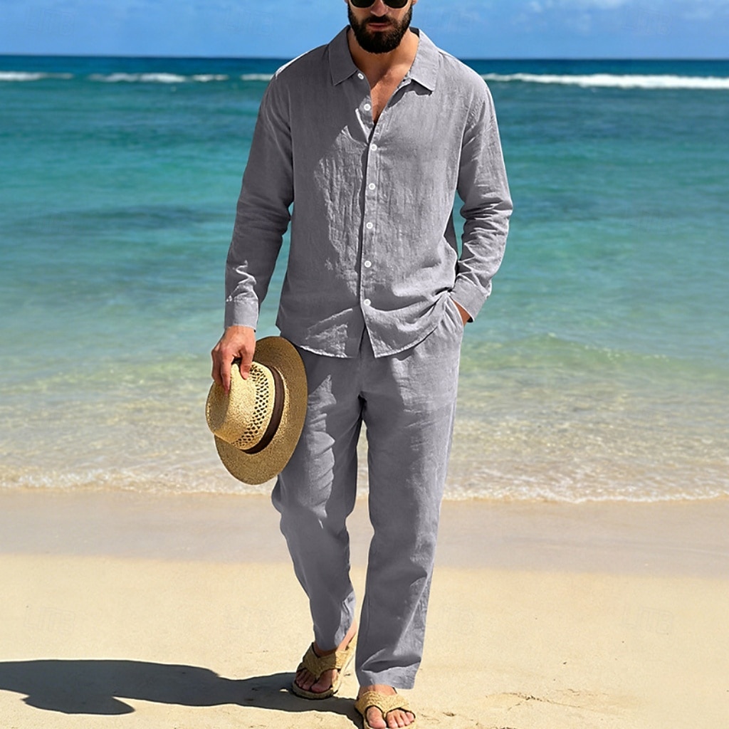 Homme Chemise en lin Deux pièces Ensemble Chemise Et Pantalons en Lin Pantalons Pantalon décontracté Set Uni Quotidien Extérieur Plage Col Rabattu manche longue Été Printemps Mode Occasionnel de 2026 ? $41.99 –P16