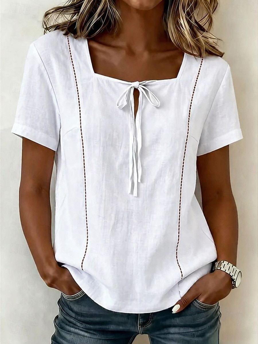 Damen Hemd Kordelzug Vorderknoten Bohemien Urlaub Vintage Kurzarm Asymmetrisch Lange Oberteile Lässig Täglich Arbeit Weiß Gelb Dunkelblau Beige Leicht Blau Sommer Frühling 2026 - $28.99 –P5