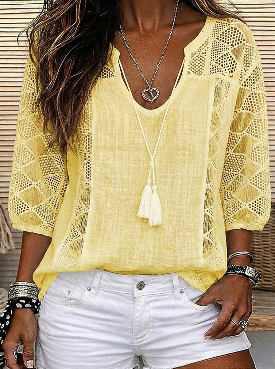 Per donna Blusa Top in pizzo Pizzo Traforato Semplice Elegante Moderno Manica 3/4 Collo a U Top lunghi Casuale Quotidiano Spiaggia Blu Bianco Giallo Estate Primavera del 2026 a $26.99 –P2