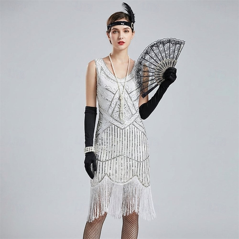 Zabytkowe Ryczące 20s 1920 roku Do kolan Sukienka w stylu lat 20-tych Rękawiczki Nakrycie głowy Bez rękawów Wielki Gatsby Czarleston Cekiny Frędzel Strój na bal maskowy Damskie Halloween Karnawał 2026 - $64.99 –P3