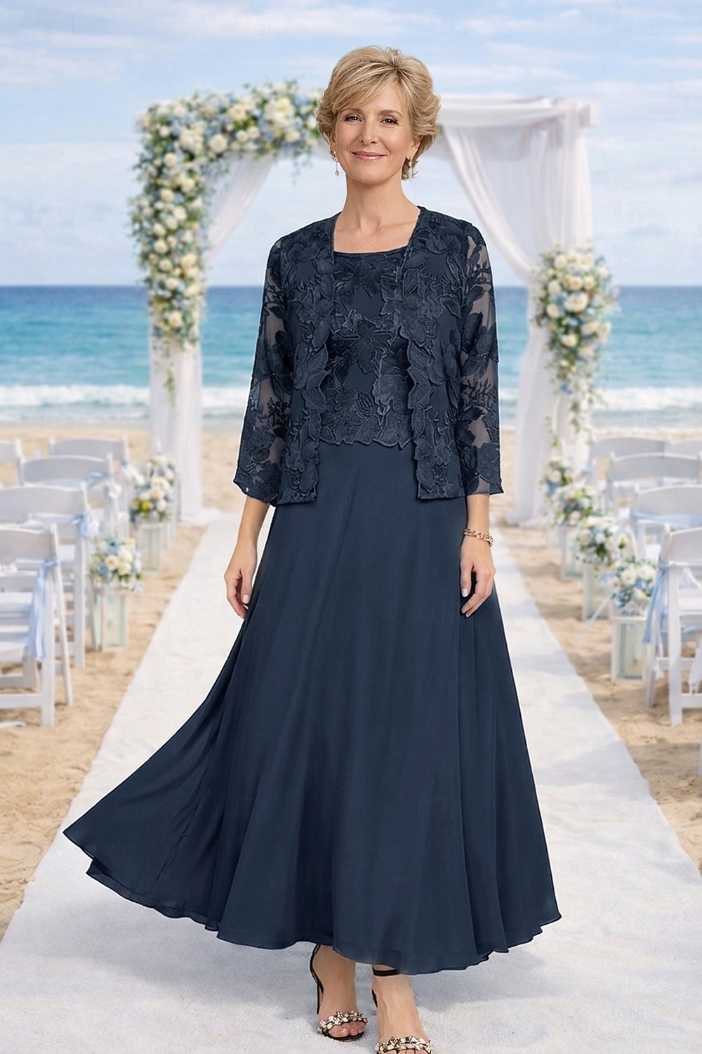 Zweiteilig Kleid-Sets Knöchellänge Kleid für Hochzeitsgäste Brautmutterkleid Langarm Rundhalsausschnitt Elegant Hochzeitsgast Kirche Chiffon mit Spitze Stickerei 2026 - $195.99 –P17