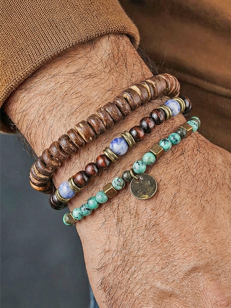 Σετ ανδρικών βραχιολιών μποέμ με τυρκουάζ κέλυφος καρύδας και ξύλινες χάντρες, 3 τεμάχια ελαστικά βραχιόλια που στοιβάζονται για διακοπές στην παραλία, casual καλοκαιρινά ρούχα και καθημερινή χρήση 2026 - $11.99 –P2