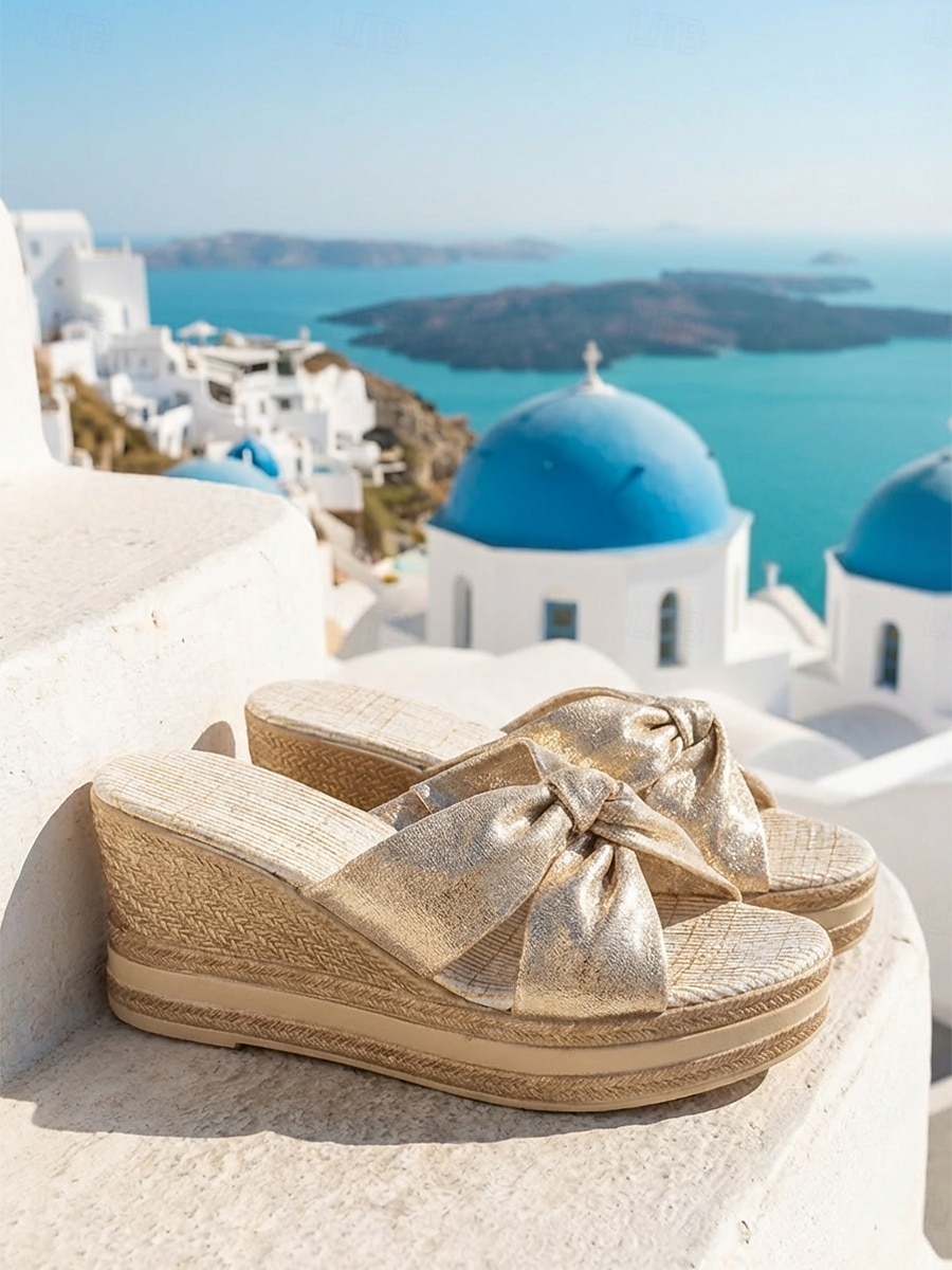 Women's Metallic Gold Wedge Sandals - Elegant Twisted Knot Espadrille Platforms for Island Vacations, Beach Weddings & Glamorous Summer Getaways 2026 - $32.99 –P2