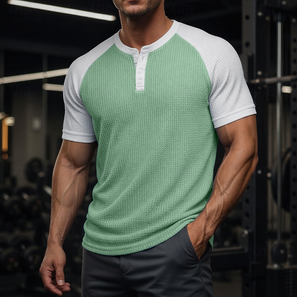 Муж. Футболка с вафельным рисунком Футболка С короткими рукавами Сплошной цвет Мода Оригинальный рисунок На каждый день Цветовые блоки Рукав «реглан» Хенли Повседневные на открытом воздухе 2026 - $21.99 –P6