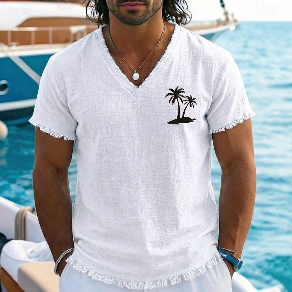 T-shirt homme style bohème côtier vintage, imprimé palmiers tropicaux, en coton et lin, col V, ourlet brut effiloché, coupe ample, idéal pour la plage, les vacances en bateau. Tailles S, M, L, XL, de 2026 ? $24.99 –P3