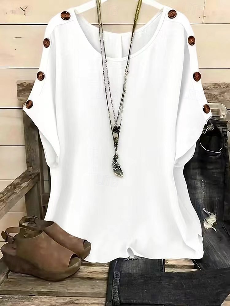 Damen T Shirt T-Shirt Knöpfe Einfach Mode Stilvoll Klassisch Kurzarm Rundhalsausschnitt Normale Oberteile Täglich Ausgehen Wochenende Blau Weiß Gelb Rosa Orange Sommer Frühling 2026 - $19.99 –P5