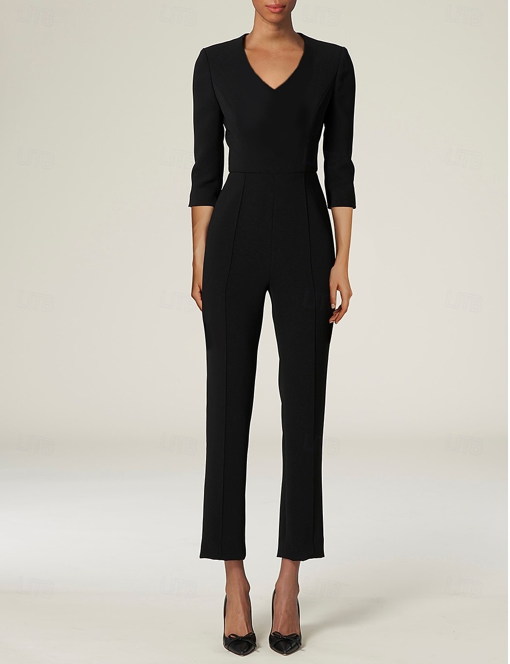 Broek Strijksleep Moeder van de bruid jurk 3/4 mouw V-hals Elegant Eenvoudig Zwart jurkje Bruiloft gast Formele avonden Stretchstof met Effen kleur 2026 - $172.99 –P5