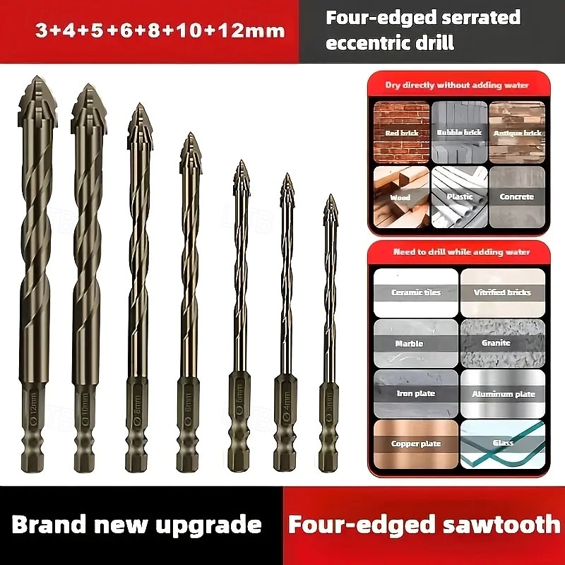7PCS New Four-Flute Sawtooth Eccentric Drill Bit, 4 Flute Drill Bit Set, High-Strength Eccentric Twist Drill Bit, Serrated Masonry Drill Bits for Metal/Concrete/Glass/Brick/Tile/Wood 2026 - $20.99 –P2
