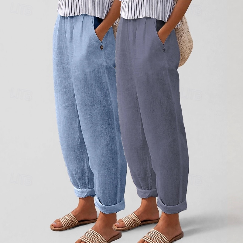 Πολυσυσκευασίες 2 τεμαχίων γυναικείο παντελόνι 100% βαμβάκι καλοκαιρινό παντελόνι casual παντελόνι διακοπών βασικό ψηλόμεσο απλό τσέπη άνεση μαλακό αναπνεύσιμο ανελαστικό casual καθημερινό αθλητικό λευκό+πράσινο λευκό+χακί 2026 - $31.99 –P4