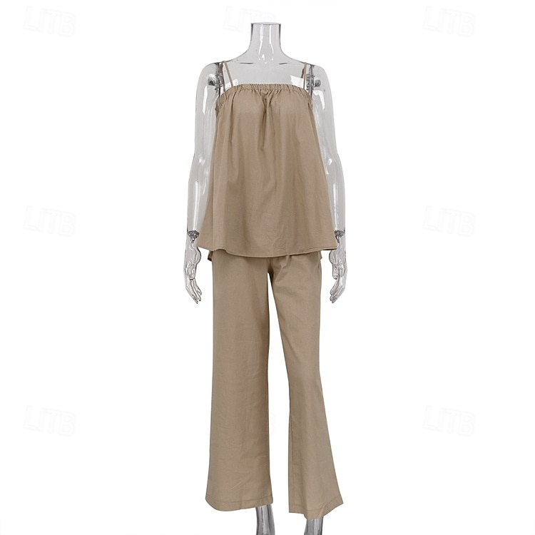 Per donna Set di biancheria in cotone Set di Pantaloni Senza Maniche Spallina Tinta unica Moda Streetwear Boho Casuale Quotidiano All'aperto Cachi Estate Vestibilità regolare del 2026 a $48.99 –P5