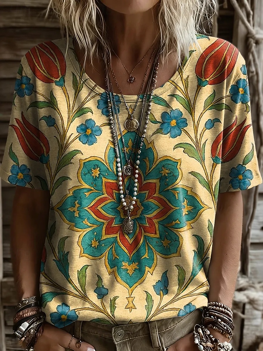 Music Festival Women's T Shirt Print Floral Graphic Plants Vintage Stylish Casual Short Sleeve Crew Neck Round Neck Long Tops Casual Daily Yellow Pink Summer Spring 2026 - $22.99 –P1