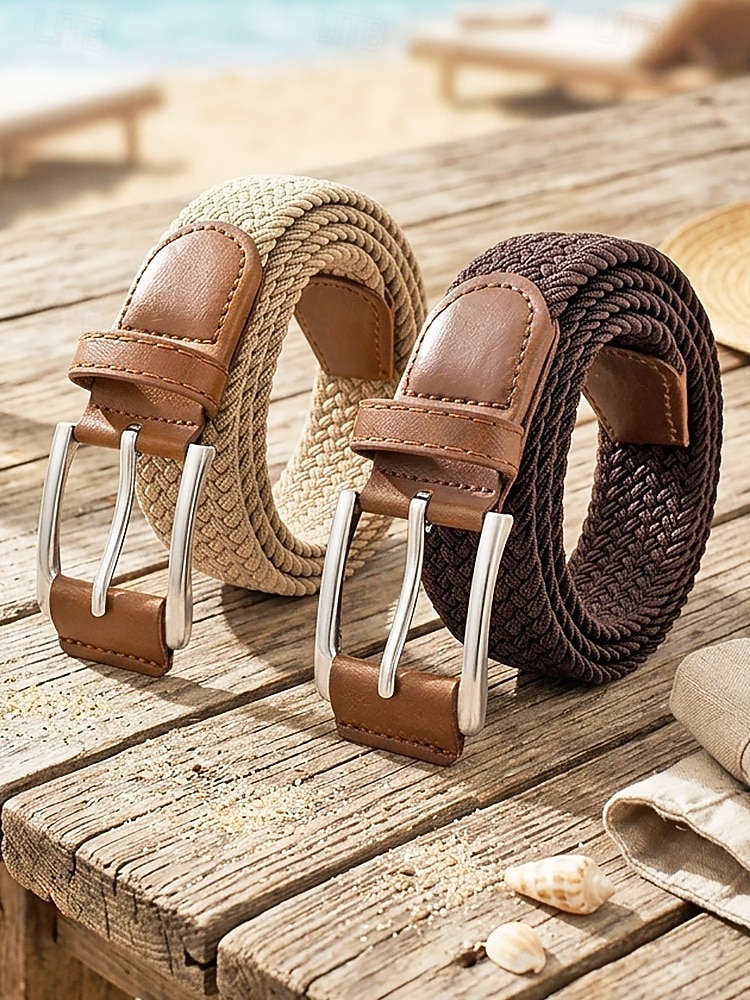 Geflochtener Herren-Stretchgürtel mit Kunstlederbesatz, verstellbarer, gewebter Freizeitgürtel in verschiedenen Farben für den Alltag, Strandurlaub, Reisen und Resort-Looks 2026 - $11.99 –P1