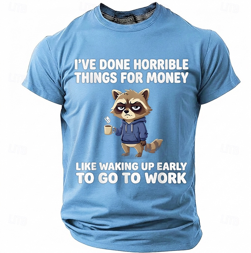 Maglietta da uomo con stampa divertente di un procione "Ho fatto cose orribili per soldi", maniche corte, girocollo, procione stanco che beve caffè, umorismo da ufficio, regalo sarcastico per del 2026 a $18.99 –P9