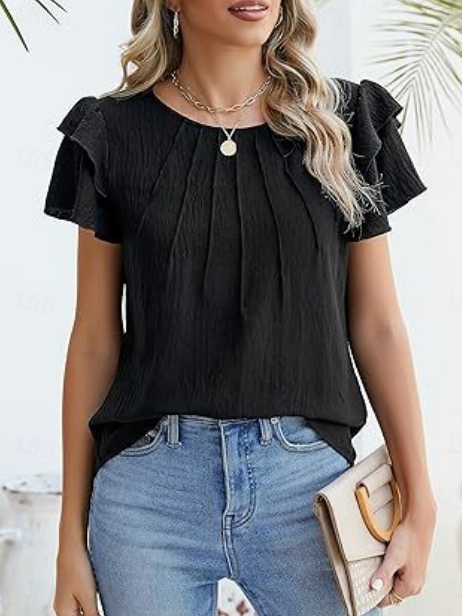 Dames T-shirt Met ruches Effen Elegant Modieus Stijlvol Korte mouw Strakke ronde hals Normale tops Dagelijks Uitgaan Weekend Zwart Wit Marineblauw Groen Abrikoos Zomer Lente 2026 - $21.99 –P13