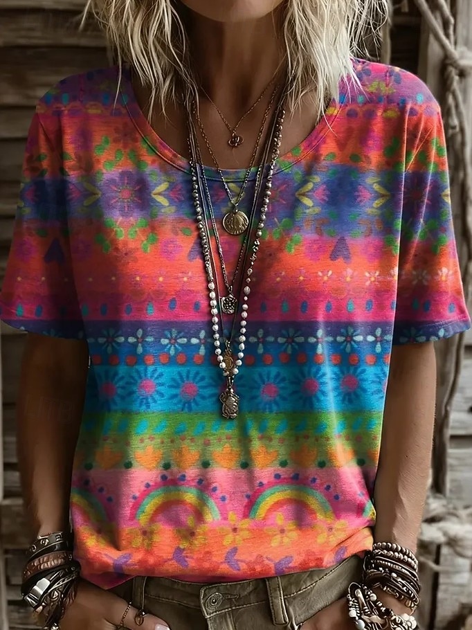 Damen T Shirt Druck Blumen Grafik Geometrisch Vintage Stilvoll Lässig Kurzarm Rundhalsausschnitt Normale Oberteile Lässig Täglich Wochenende Schwarz Rosa Staubiges Blau Braun Sommer Frühling 2026 - $21.99 –P3